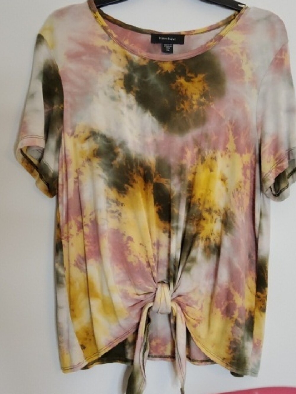 Karen Kane Short Sleeve Tie-Front Tee in Yellow, Pink & Olive